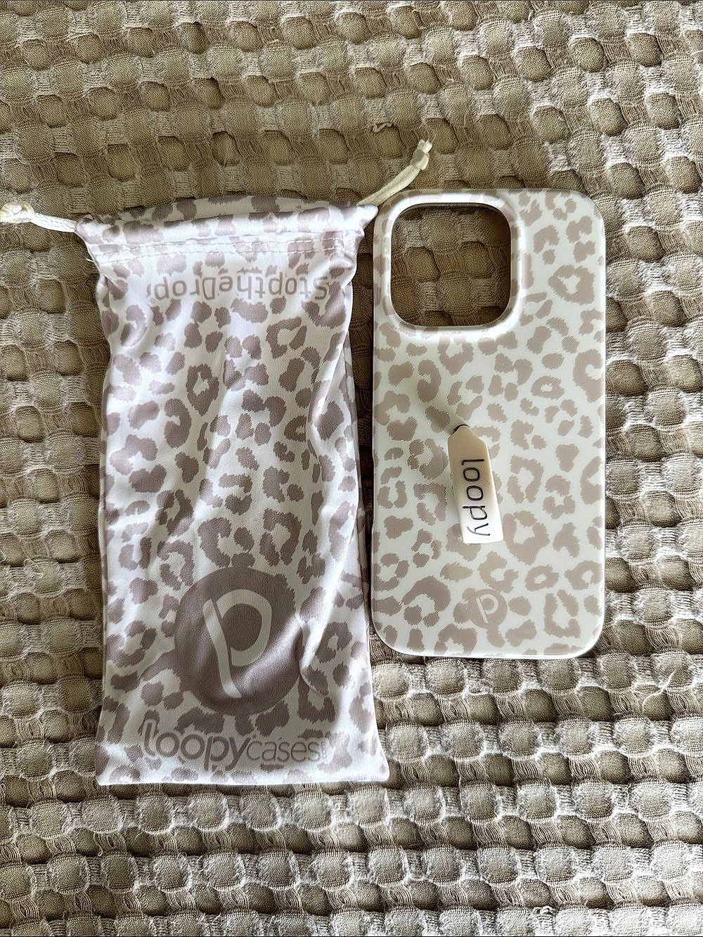 Loopy Taupe Leopard Print phone case w duster bag- IPhone 16 pro- righty
